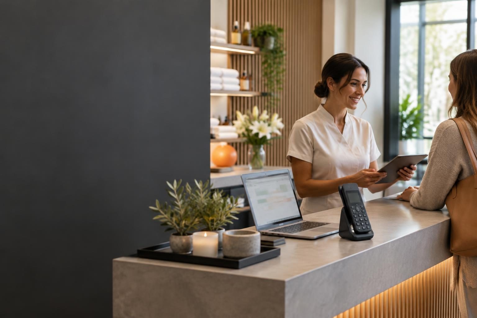 Una professionista segue una cliente al banco reception, con il telefono sulla scrivania